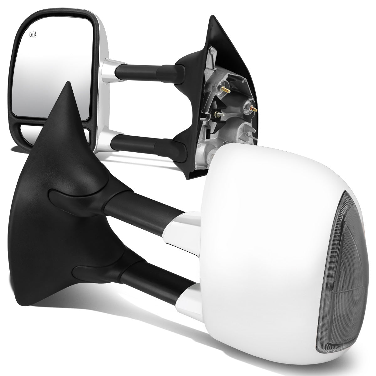 RETROVISORES EXTENDIBLES TOWING MIRROR - 99-07 FORD F-250, F-350, F-450, F-550 - SUPER DUTY - PAIR - POWERED W/ HEATED - SMOKE SIGNAL - CHROME