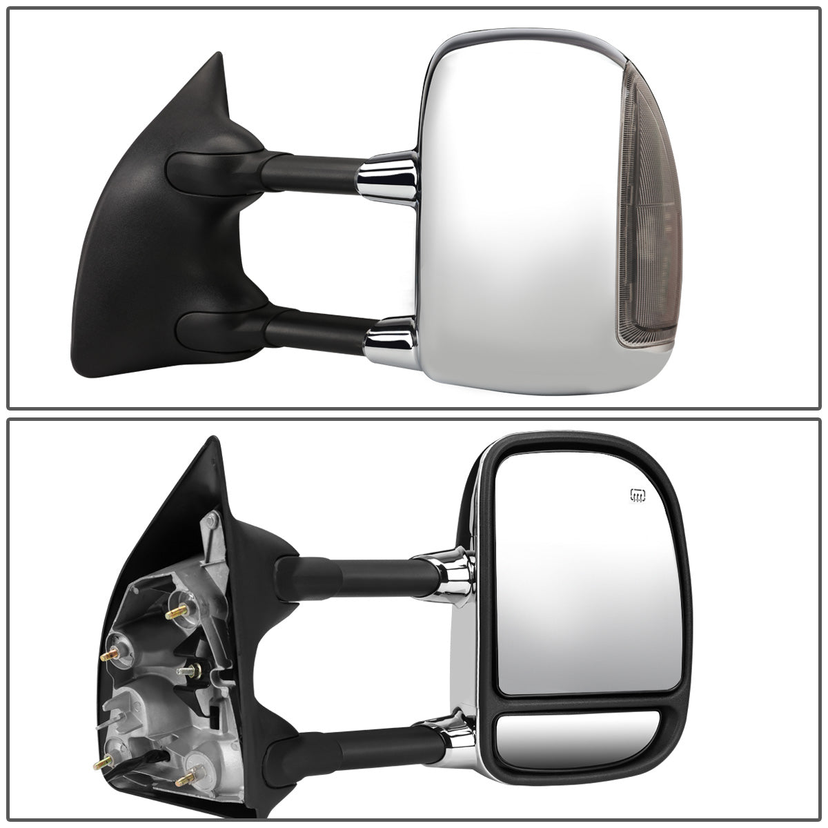 RETROVISORES EXTENDIBLES TOWING MIRROR - 99-07 FORD F-250, F-350, F-450, F-550 - SUPER DUTY - PAIR - POWERED W/ HEATED - SMOKE SIGNAL - CHROME