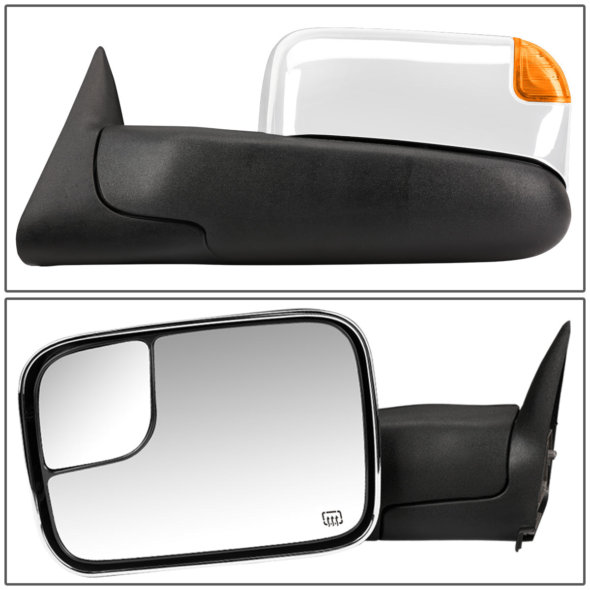RETROVISORES EXTENDIBLES TOWING MIRROR - 98-02 DODGE RAM 1500, 2500, 3500 - PAIR - POWERED W/ HEATED - LED AMBER SIGNAL - CHROME