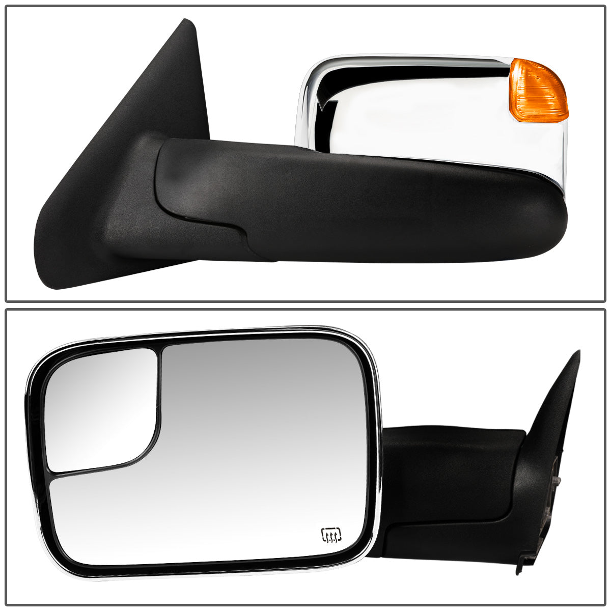 RETROVISORES EXTENDIBLES TOWING MIRROR - 02-08 DODGE RAM 1500 / 03-09 DODGE RAM 2500, 3500 - PAIR - POWERED W/ HEATED - AMBER SIGNAL - CHROME