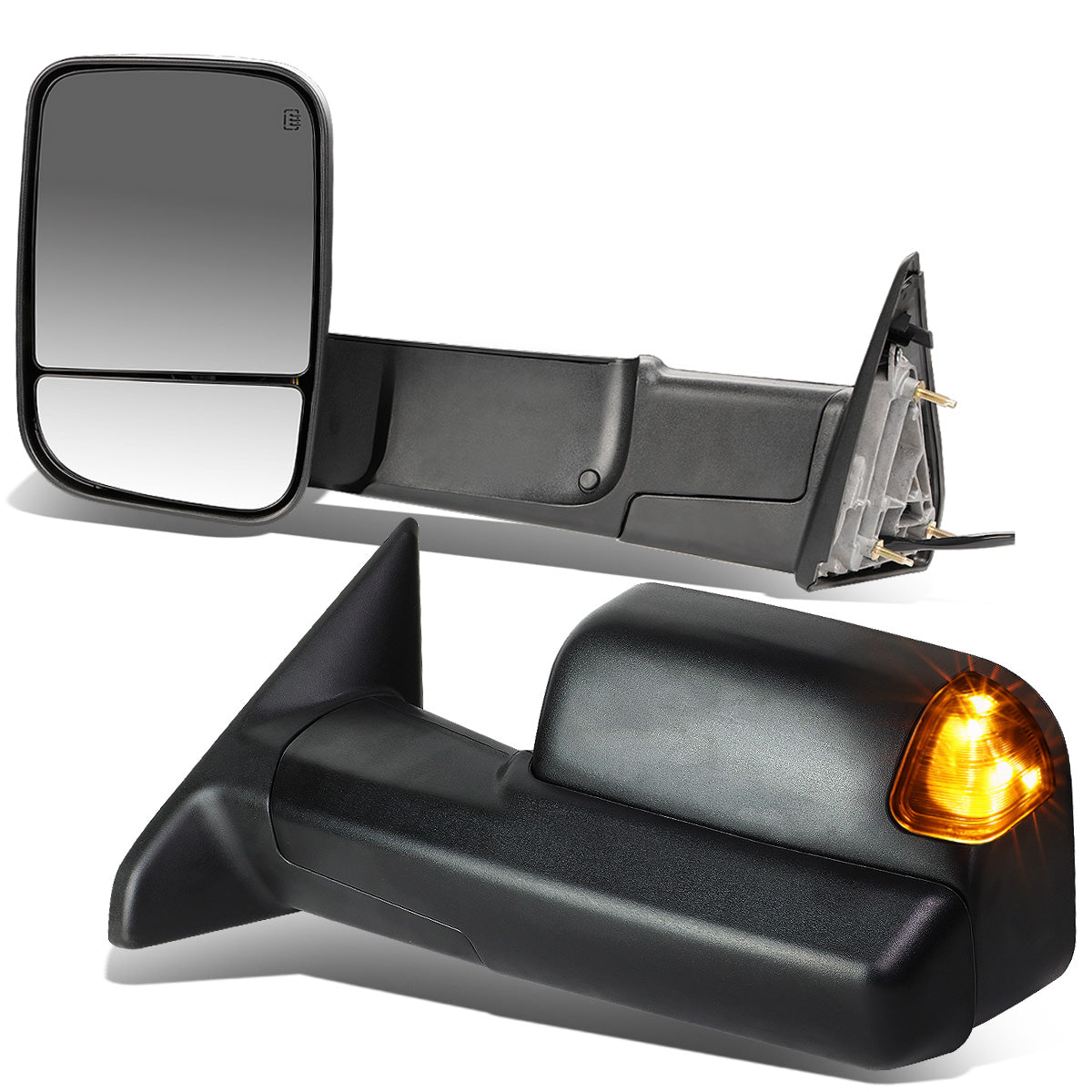 RETROVISORES EXTENDIBLES TOWING MIRROR - 09-16 DODGE RAM 1500 / 10-16 RAM 2500, 3500, 4500, 5500 - PAIR - POWERED, W/ HEATED - LED AMBER SIGNAL - BLACK