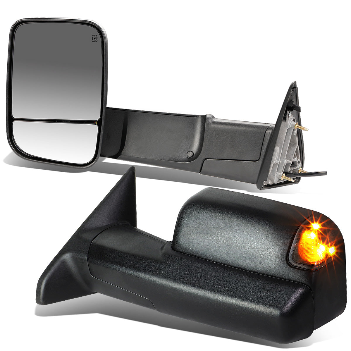 RETROVISORES EXTENDIBLES TOWING MIRROR - 09-16 DODGE RAM 1500 / 10-16 RAM 2500, 3500, 4500, 5500 - PAIR - POWERED, W/ HEATED - LED SMOKE SIGNAL - BLACK