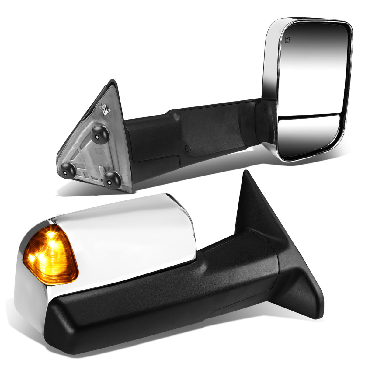 RETROVISORES EXTENDIBLES TOWING MIRROR - 09-16 DODGE RAM 1500 / 10-16 RAM 2500, 3500, 4500, 5500 - PAIR - POWERED W/ HEATED W/ PUDDLE LIGHT - LED AMBER SIGNAL - CHROME