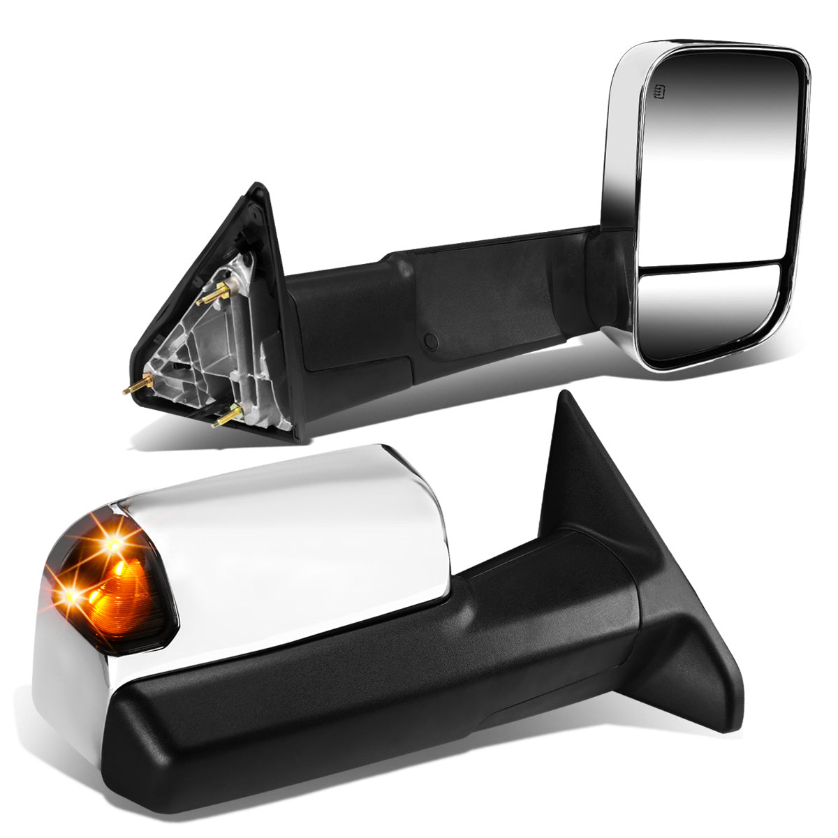 RETROVISORES EXTENDIBLES TOWING MIRROR - 09-16 DODGE RAM 1500 / 10-16 RAM 2500, 3500, 4500, 5500 - PAIR - POWERED W/ HEATED W/ PUDDLE LIGHT - LED SMOKE SIGNAL - CHROME