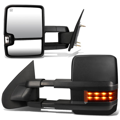 RETROVISORES EXTENDIBLES TOWING MIRROR - 03-06 CHEVY SILVERADO, GMC SIERRA, CHEVY TAHOE, CHEVY SUBURBAN, GMC YUKON, CADILLAC ESCALADE, CHEVY AVALANCHE / 2007 CHEVY SILVERADO CLASSIC, GMC SIERRA CLASSIC - PAIR - POWERED W/ HEATED - BLACK - LED AMBER SIGNAL