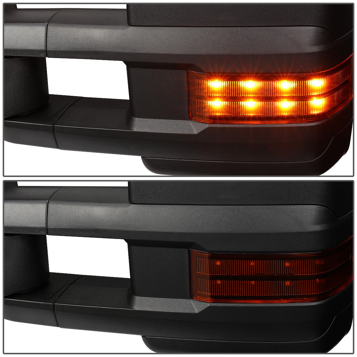 RETROVISORES EXTENDIBLES TOWING MIRROR - 03-06 CHEVY SILVERADO, GMC SIERRA, CHEVY TAHOE, CHEVY SUBURBAN, GMC YUKON, CADILLAC ESCALADE, CHEVY AVALANCHE / 2007 CHEVY SILVERADO CLASSIC, GMC SIERRA CLASSIC - PAIR - POWERED W/ HEATED - BLACK - LED AMBER SIGNAL