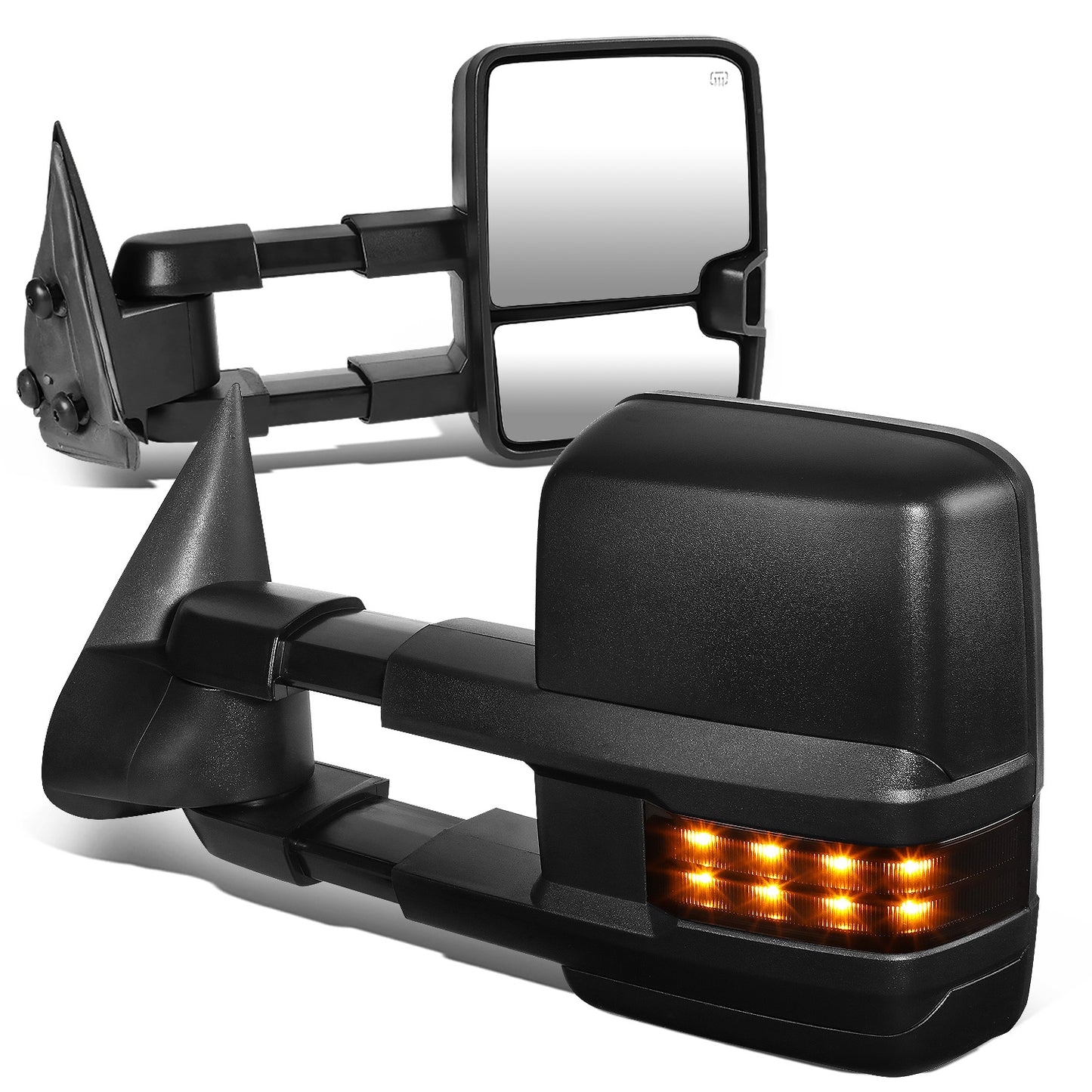 RETROVISORES EXTENDIBLES TOWING MIRROR - 03-06 CHEVY SILVERADO, GMC SIERRA, CHEVY TAHOE, CHEVY SUBURBAN, GMC YUKON, CADILLAC ESCALADE, CHEVY AVALANCHE / 2007 CHEVY SILVERADO CLASSIC, GMC SIERRA CLASSIC - PAIR - POWERED W/ HEATED - LED SMOKE SIGNAL - BLACK