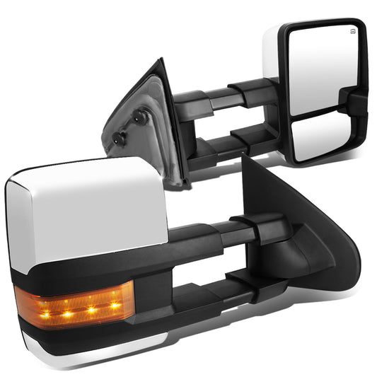 RETROVISORES EXTENDIBLES TOWING MIRROR - 14-ON CHEVY SILVERADO, GMC SIERRA 1500 / 15-17 CHEVY SILVERADO 2500, 3500, GMC SIERRA 2500, 3500 - PAIR - POWERED W/ HEATED - AMBER SIGNAL - CHROME
