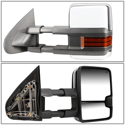 RETROVISORES EXTENDIBLES TOWING MIRROR - 14-ON CHEVY SILVERADO, GMC SIERRA 1500 / 15-17 CHEVY SILVERADO 2500, 3500, GMC SIERRA 2500, 3500 - PAIR - POWERED W/ HEATED - AMBER SIGNAL - CHROME