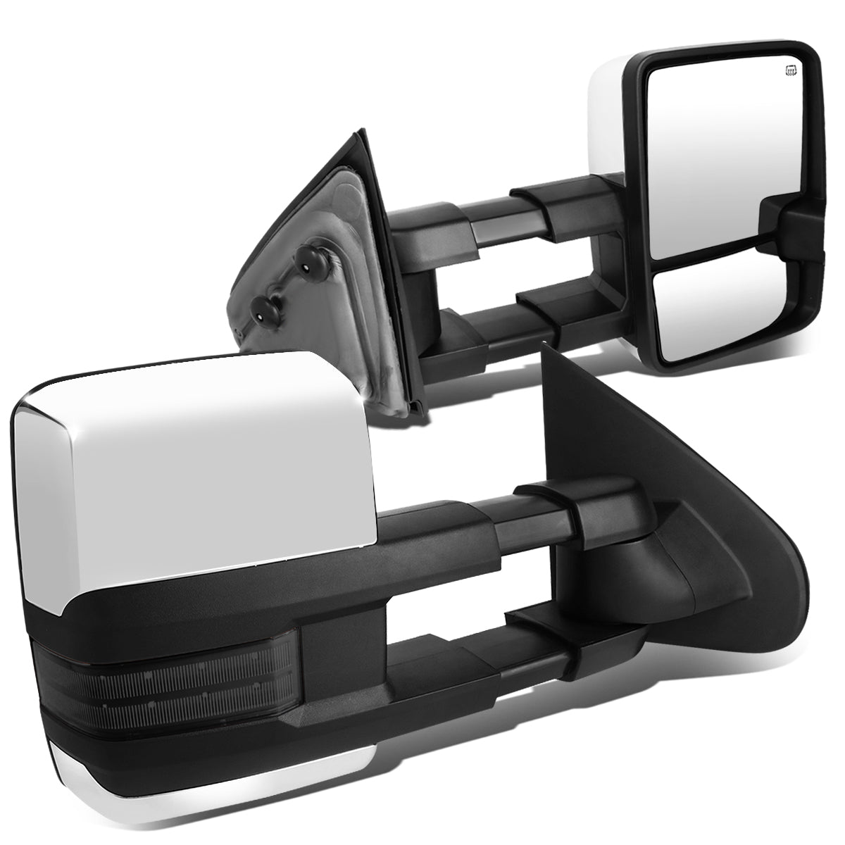 RETROVISORES EXTENDIBLES TOWING MIRROR - 14-ON CHEVY SILVERADO, GMC SIERRA 1500 / 15-17 CHEVY SILVERADO 2500, 3500, GMC SIERRA 2500, 3500 - PAIR - POWERED W/ HEATED - SMOKE SIGNAL - CHROME