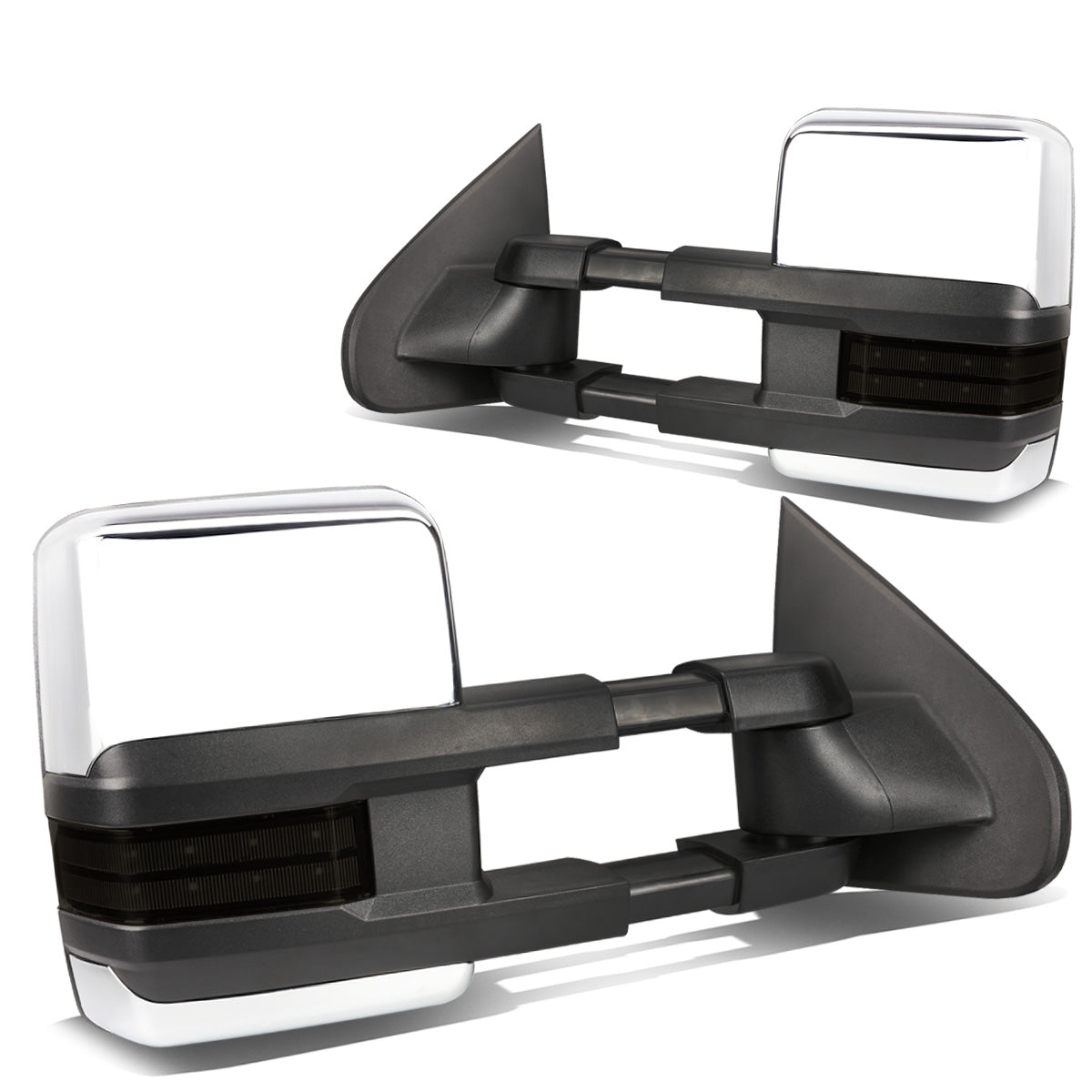 RETROVISORES EXTENDIBLES TOWING MIRROR - 14-ON CHEVY SILVERADO, GMC SIERRA 1500 / 15-17 CHEVY SILVERADO 2500, 3500, GMC SIERRA 2500, 3500 - PAIR - POWERED W/ HEATED - SMOKE SIGNAL - CHROME
