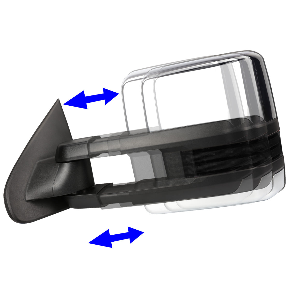 RETROVISORES EXTENDIBLES TOWING MIRROR - 14-ON CHEVY SILVERADO, GMC SIERRA 1500 / 15-17 CHEVY SILVERADO 2500, 3500, GMC SIERRA 2500, 3500 - PAIR - POWERED W/ HEATED - SMOKE SIGNAL - CHROME
