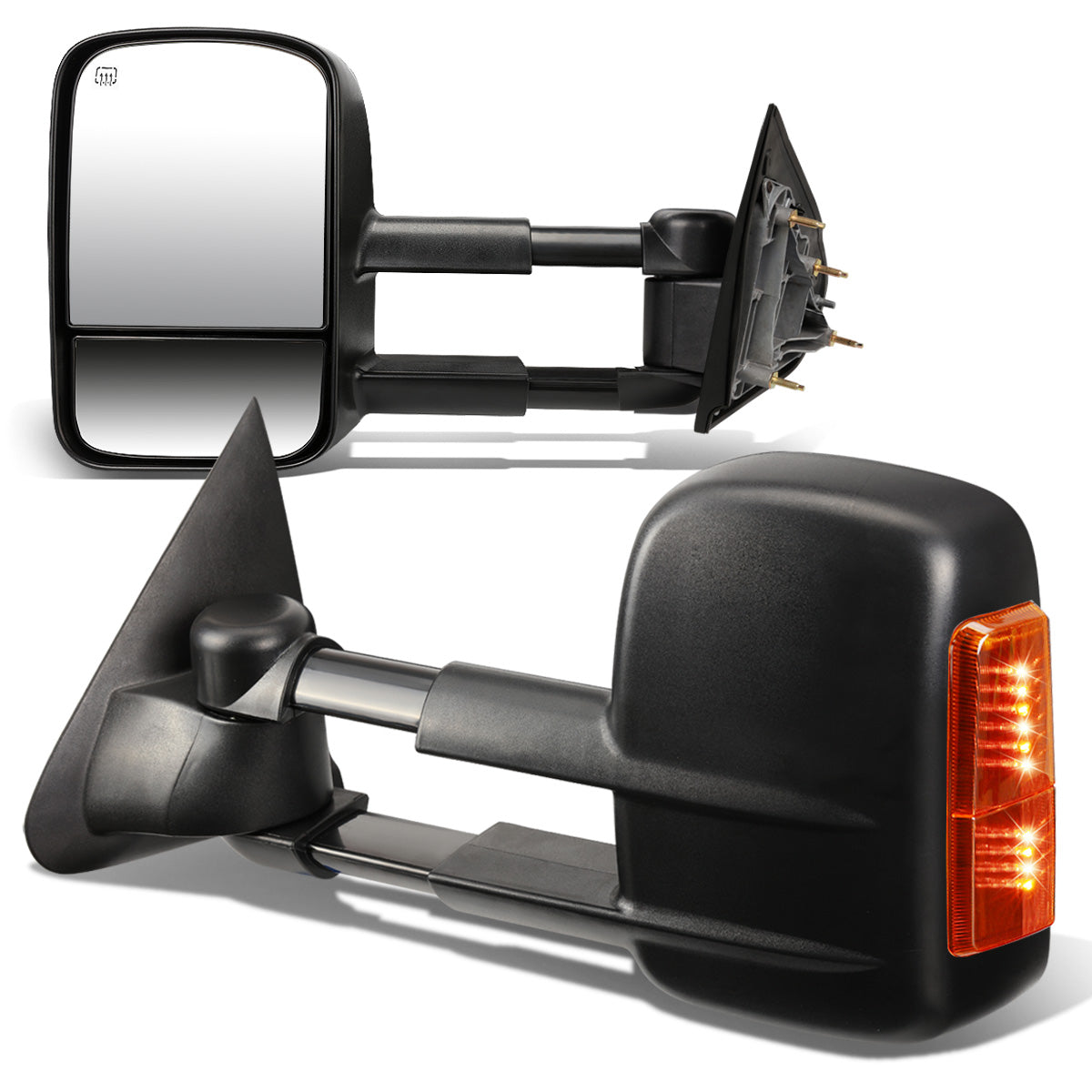 RETROVISORES EXTENDIBLES TOWING MIRROR - 14-18 CHEVY SILVERADO 1500 / 14-20 GMC SIERRA 1500 / 15-20 CHEVY SILVERADO 2500HD, 3500HD, GMC SIERRA 2500HD, 3500HD - PAIR - POWERED W/ HEATED - BLACK - AMBER SIGNAL