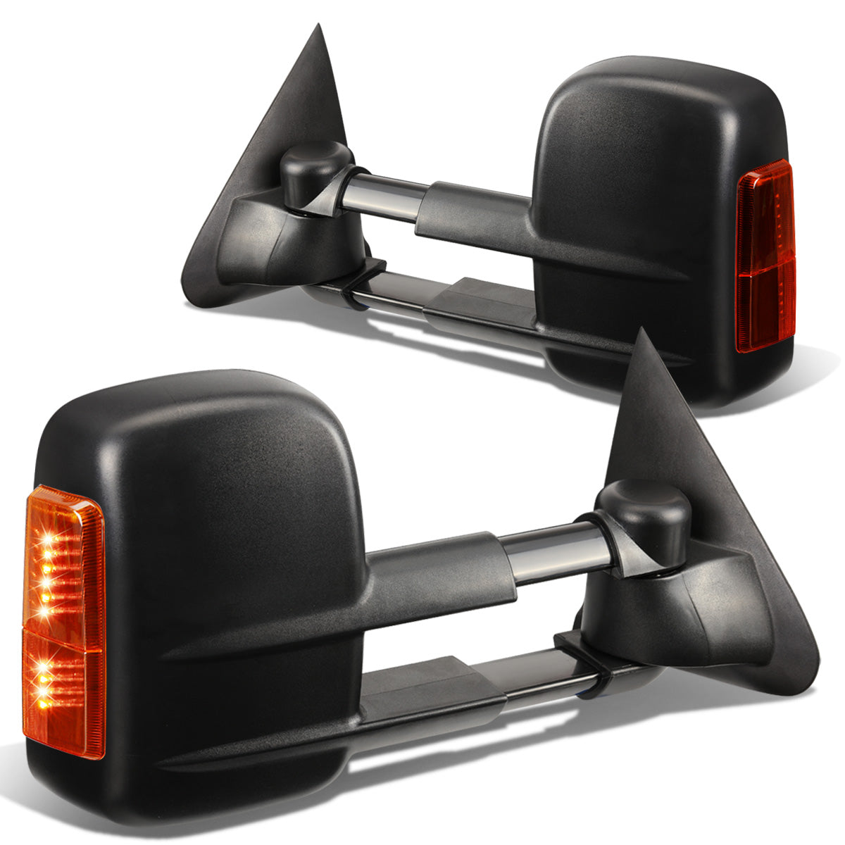 RETROVISORES EXTENDIBLES TOWING MIRROR - 14-18 CHEVY SILVERADO 1500 / 14-20 GMC SIERRA 1500 / 15-20 CHEVY SILVERADO 2500HD, 3500HD, GMC SIERRA 2500HD, 3500HD - PAIR - POWERED W/ HEATED - BLACK - AMBER SIGNAL