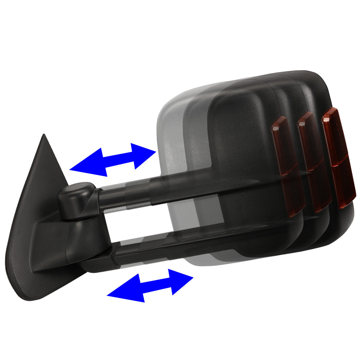RETROVISORES EXTENDIBLES TOWING MIRROR - 14-18 CHEVY SILVERADO 1500 / 14-20 GMC SIERRA 1500 / 15-20 CHEVY SILVERADO 2500HD, 3500HD, GMC SIERRA 2500HD, 3500HD - PAIR - POWERED W/ HEATED - BLACK - AMBER SIGNAL