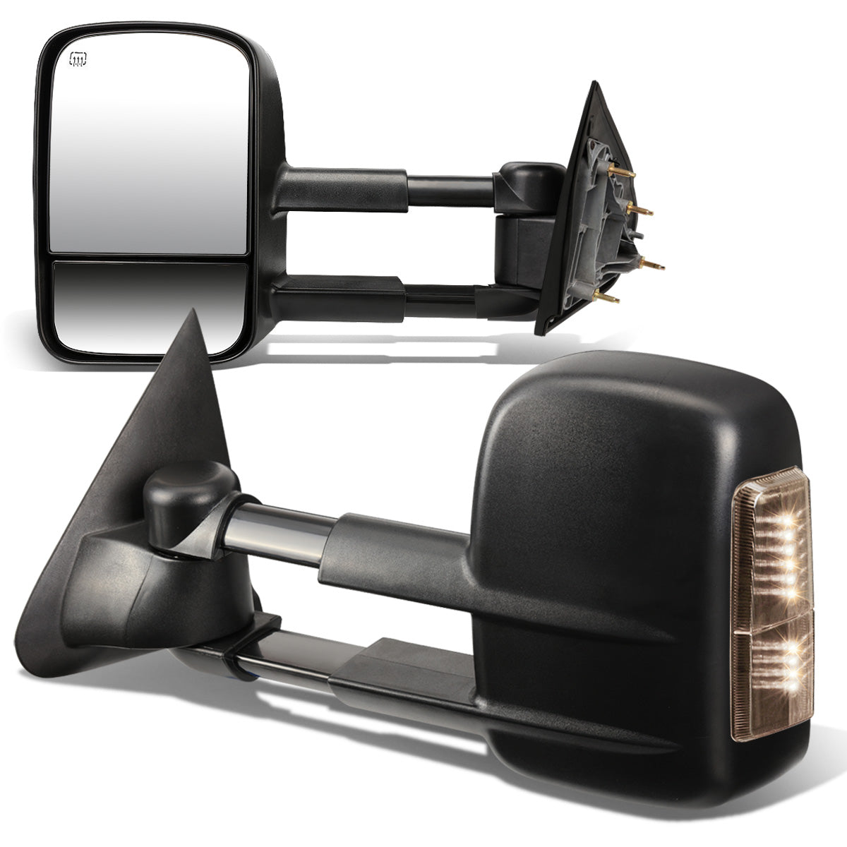RETROVISORES EXTENDIBLES TOWING MIRROR - 14-18 CHEVY SILVERADO 1500 / 14-20 GMC SIERRA 1500 / 15-20 CHEVY SILVERADO 2500HD, 3500HD, GMC SIERRA 2500HD, 3500HD - PAIR - POWERED W/ HEATED - SMOKE SIGNAL - BLACK