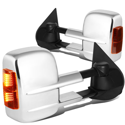 RETROVISORES EXTENDIBLES TOWING MIRROR - 14-18 CHEVY SILVERADO 1500 / 14-20 GMC SIERRA 1500 / 15-20 CHEVY SILVERADO 2500HD, 3500HD, GMC SIERRA 2500HD, 3500HD - PAIR - POWERED W/ HEATED - AMBER SIGNAL - CHROME