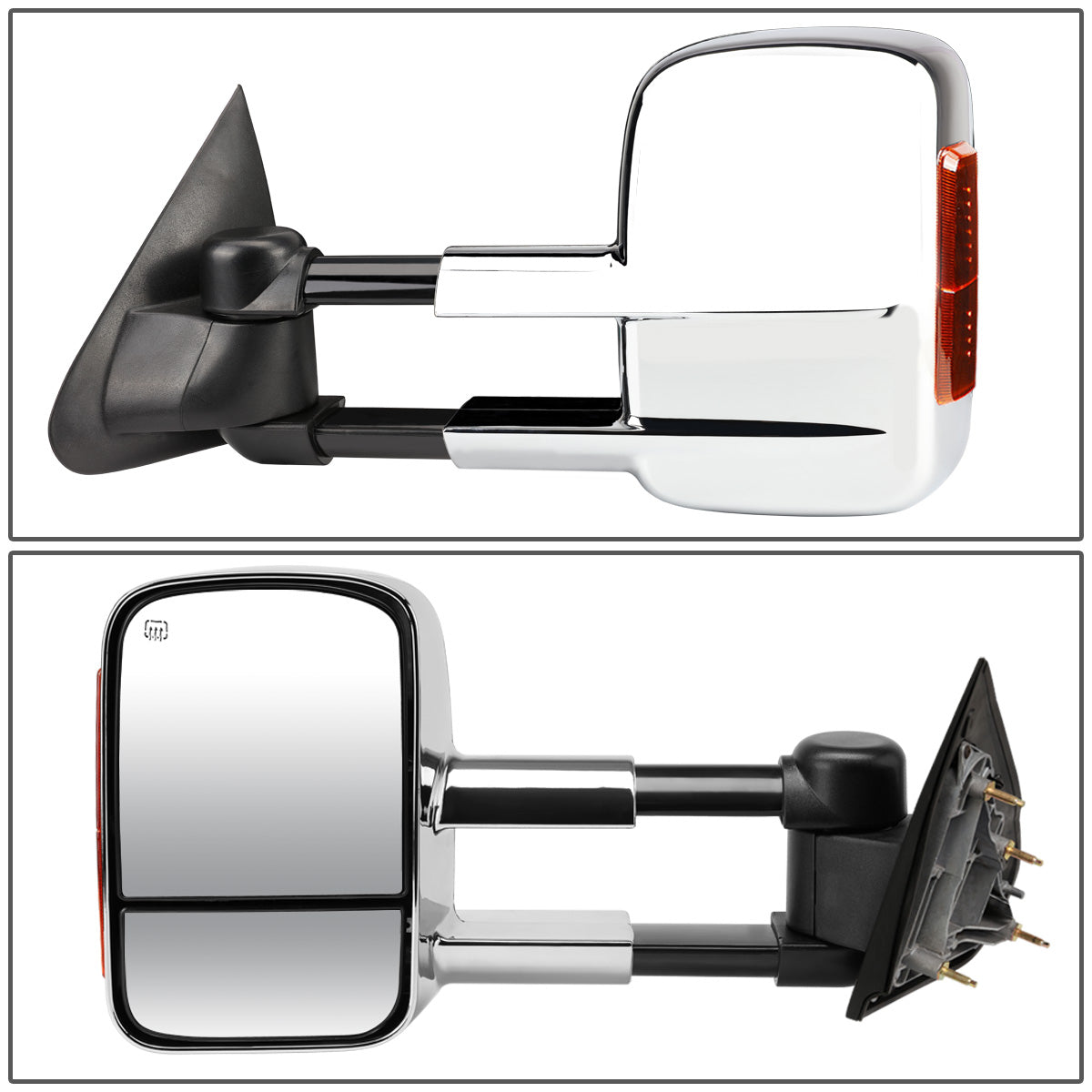 RETROVISORES EXTENDIBLES TOWING MIRROR - 14-18 CHEVY SILVERADO 1500 / 14-20 GMC SIERRA 1500 / 15-20 CHEVY SILVERADO 2500HD, 3500HD, GMC SIERRA 2500HD, 3500HD - PAIR - POWERED W/ HEATED - AMBER SIGNAL - CHROME