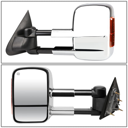 RETROVISORES EXTENDIBLES TOWING MIRROR - 14-18 CHEVY SILVERADO 1500 / 14-20 GMC SIERRA 1500 / 15-20 CHEVY SILVERADO 2500HD, 3500HD, GMC SIERRA 2500HD, 3500HD - PAIR - POWERED W/ HEATED - AMBER SIGNAL - CHROME