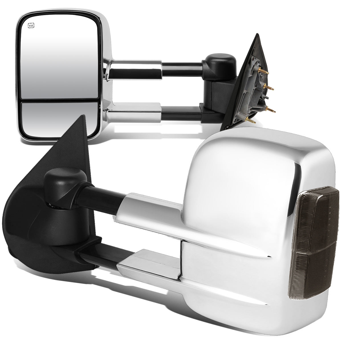 RETROVISORES EXTENDIBLES TOWING MIRROR - 14-18 CHEVY SILVERADO 1500 / 14-20 GMC SIERRA 1500 / 15-20 CHEVY SILVERADO 2500HD, 3500HD, GMC SIERRA 2500HD, 3500HD - PAIR - POWERED W/ HEATED - SMOKE SIGNAL - CHROME