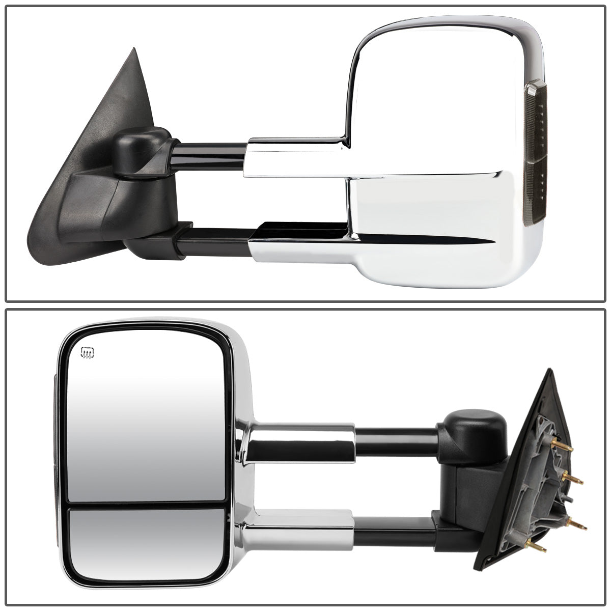RETROVISORES EXTENDIBLES TOWING MIRROR - 14-18 CHEVY SILVERADO 1500 / 14-20 GMC SIERRA 1500 / 15-20 CHEVY SILVERADO 2500HD, 3500HD, GMC SIERRA 2500HD, 3500HD - PAIR - POWERED W/ HEATED - SMOKE SIGNAL - CHROME