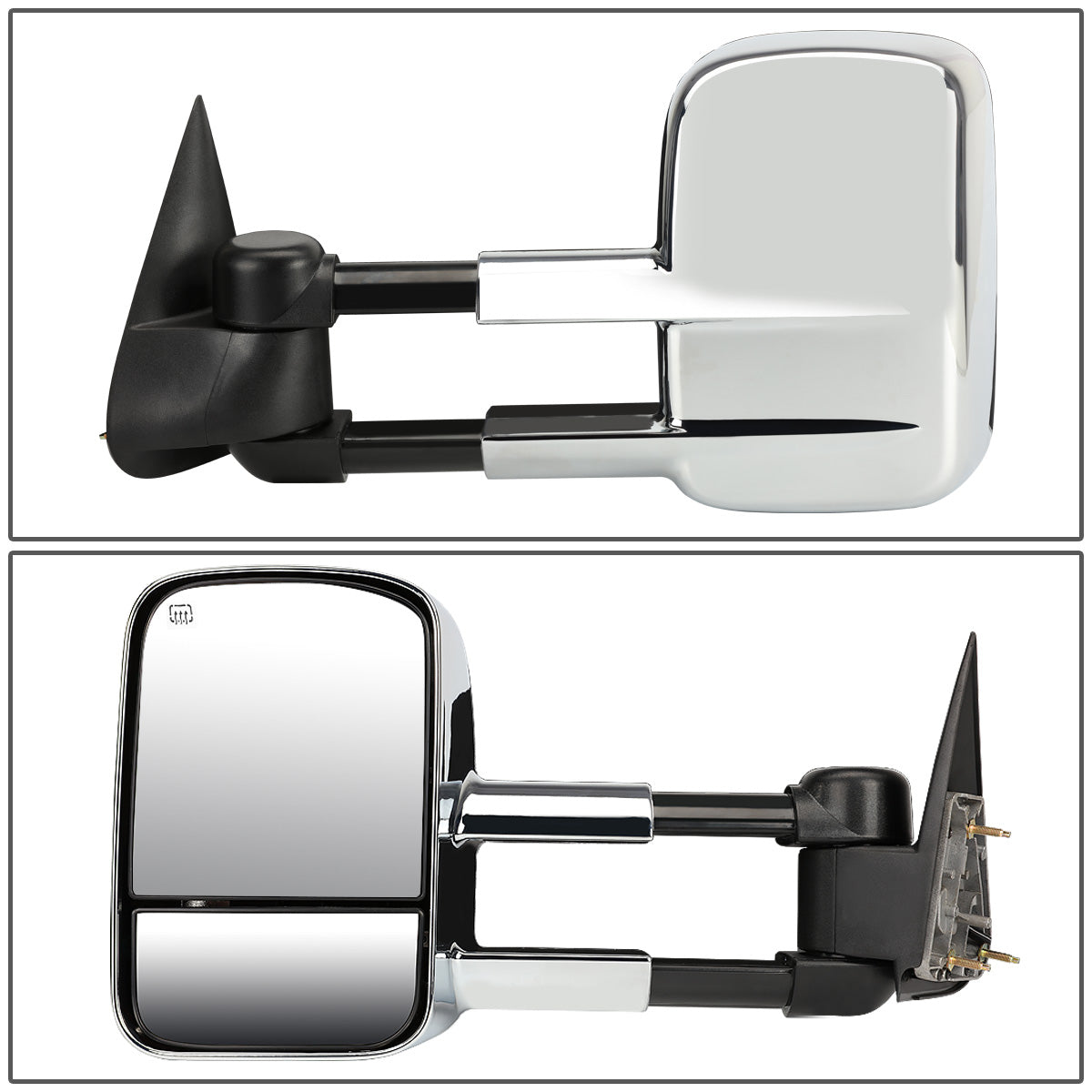 RETROVISORES EXTENDIBLES TOWING MIRROR - 99-02 CHEVY SILVERADO 1500, 2500, 3500, GMC SIERRA 1500, 2500, 3500 / 00-02 CHEVY TAHOE, CHEVY SUBURBAN 1500, 2500, GMC YUKON - PAIR - POWERED W/ HEATED W/O SIGNAL - CHROME