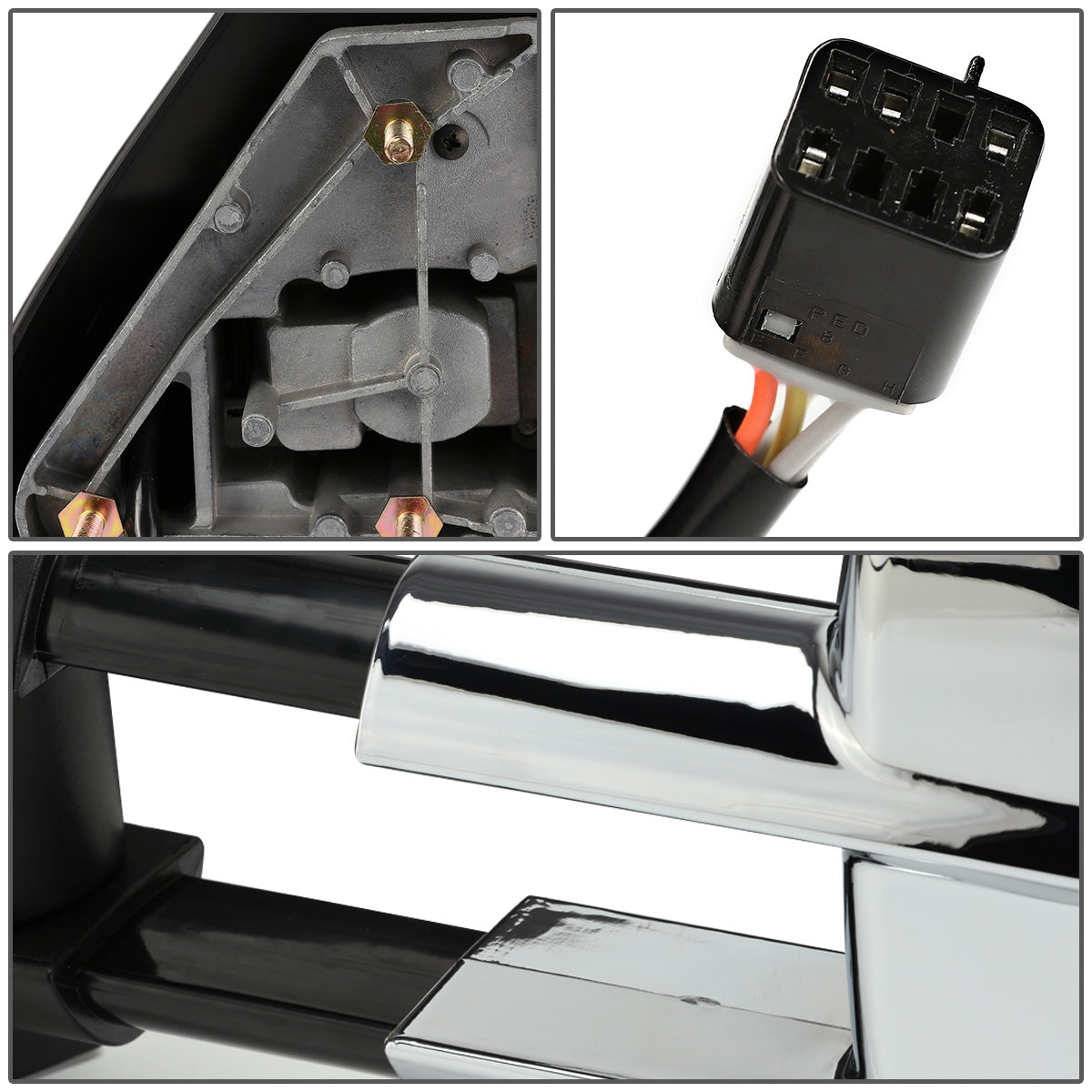 RETROVISORES EXTENDIBLES TOWING MIRROR - 99-02 CHEVY SILVERADO 1500, 2500, 3500, GMC SIERRA 1500, 2500, 3500 / 00-02 CHEVY TAHOE, CHEVY SUBURBAN 1500, 2500, GMC YUKON - PAIR - POWERED W/ HEATED W/O SIGNAL - CHROME