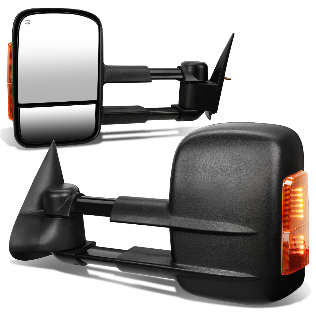 RETROVISORES EXTENDIBLES TOWING MIRROR - 99-02 CHEVY SILVERADO 1500, 2500, 3500, GMC SIERRA 1500, 2500, 3500 / 00-02 CHEVY TAHOE, CHEVY SUBURBAN 1500, 2500, GMC YUKON - PAIR - POWERED W/ HEATED - BLACK - AMBER SIGNAL