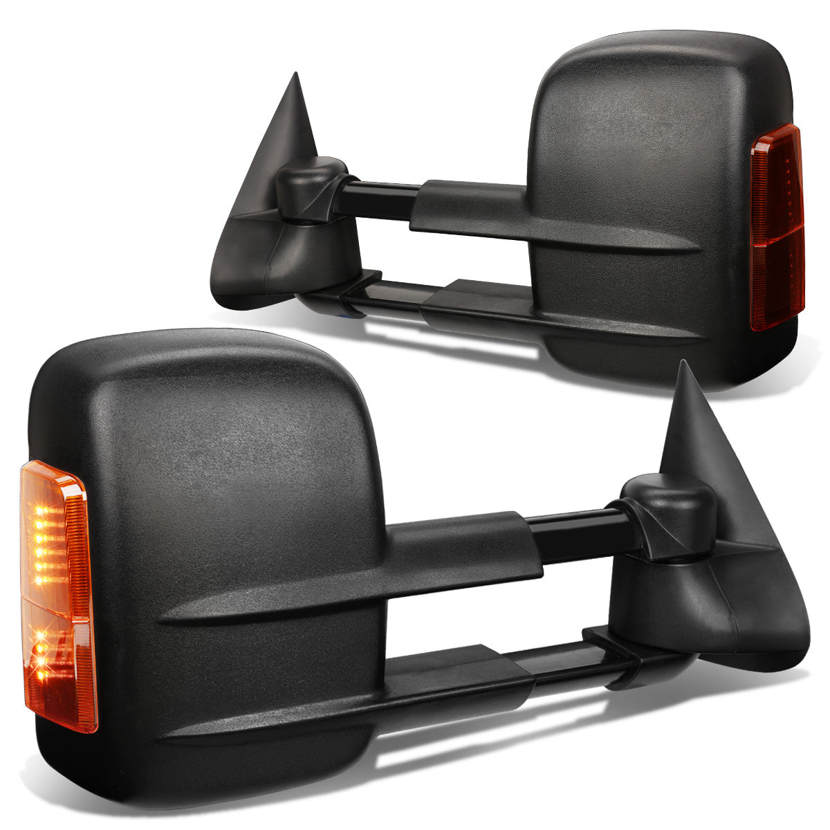 RETROVISORES EXTENDIBLES TOWING MIRROR - 99-02 CHEVY SILVERADO 1500, 2500, 3500, GMC SIERRA 1500, 2500, 3500 / 00-02 CHEVY TAHOE, CHEVY SUBURBAN 1500, 2500, GMC YUKON - PAIR - POWERED W/ HEATED - BLACK - AMBER SIGNAL