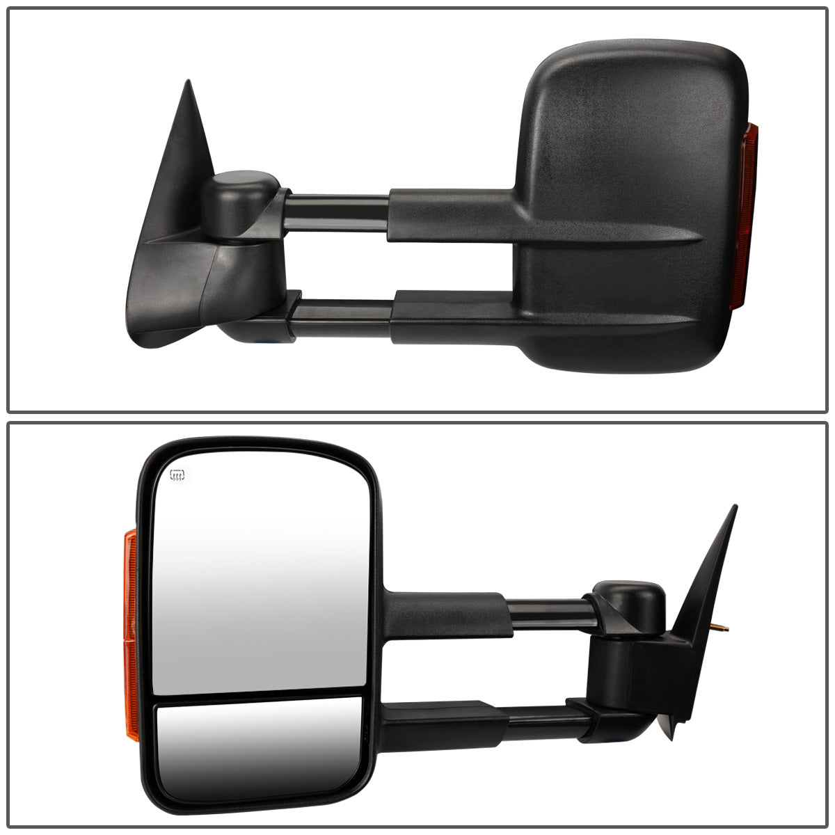 RETROVISORES EXTENDIBLES TOWING MIRROR - 99-02 CHEVY SILVERADO 1500, 2500, 3500, GMC SIERRA 1500, 2500, 3500 / 00-02 CHEVY TAHOE, CHEVY SUBURBAN 1500, 2500, GMC YUKON - PAIR - POWERED W/ HEATED - BLACK - AMBER SIGNAL