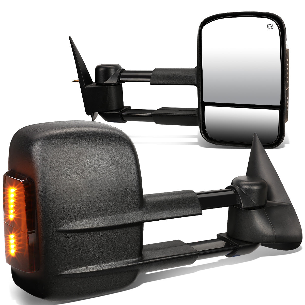 RETROVISORES EXTENDIBLES TOWING MIRROR - 99-02 CHEVY SILVERADO 1500, 2500, 3500, GMC SIERRA 1500, 2500, 3500 / 00-02 CHEVY TAHOE, CHEVY SUBURBAN 1500, 2500, GMC YUKON - PAIR - POWERED W/ HEATED - SMOKE SIGNAL - BLACK