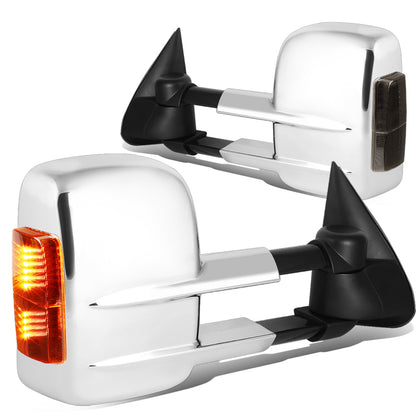 RETROVISORES EXTENDIBLES TOWING MIRROR - 99-02 CHEVY SILVERADO 1500, 2500, 3500, GMC SIERRA 1500, 2500, 3500 / 00-02 CHEVY TAHOE, CHEVY SUBURBAN 1500, 2500, GMC YUKON - PAIR - POWERED W/ HEATED - AMBER SIGNAL - CHROME