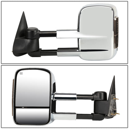 RETROVISORES EXTENDIBLES TOWING MIRROR - 99-02 CHEVY SILVERADO 1500, 2500, 3500, GMC SIERRA 1500, 2500, 3500 / 00-02 CHEVY TAHOE, CHEVY SUBURBAN 1500, 2500, GMC YUKON - PAIR - POWERED W/ HEATED - SMOKE SIGNAL - CHROME