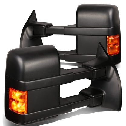 RETROVISORES EXTENDIBLES TOWING MIRROR - 99-07 FORD F-250, F-350, F-450, F-550 - SUPER DUTY - PAIR - POWERED W/ HEATED - LED AMBER SIGNAL - BLACK