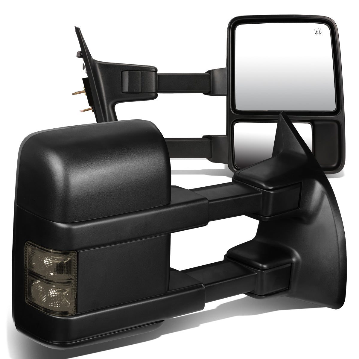 RETROVISORES EXTENDIBLES TOWING MIRROR - 99-07 FORD F-250, F-350, F-450, F-550 - SUPER DUTY - PAIR - POWERED W/ HEATED - LED SMOKE SIGNAL - BLACK