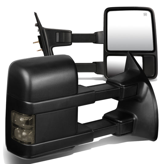 RETROVISORES EXTENDIBLES TOWING MIRROR - 99-07 FORD F-250, F-350, F-450, F-550 - SUPER DUTY - PAIR - POWERED W/ HEATED - LED SMOKE SIGNAL - BLACK