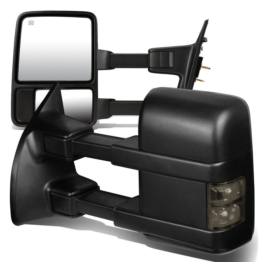 RETROVISORES EXTENDIBLES TOWING MIRROR - 99-07 FORD F-250, F-350, F-450, F-550 - SUPER DUTY - PAIR - POWERED W/ HEATED - LED SMOKE SIGNAL - BLACK