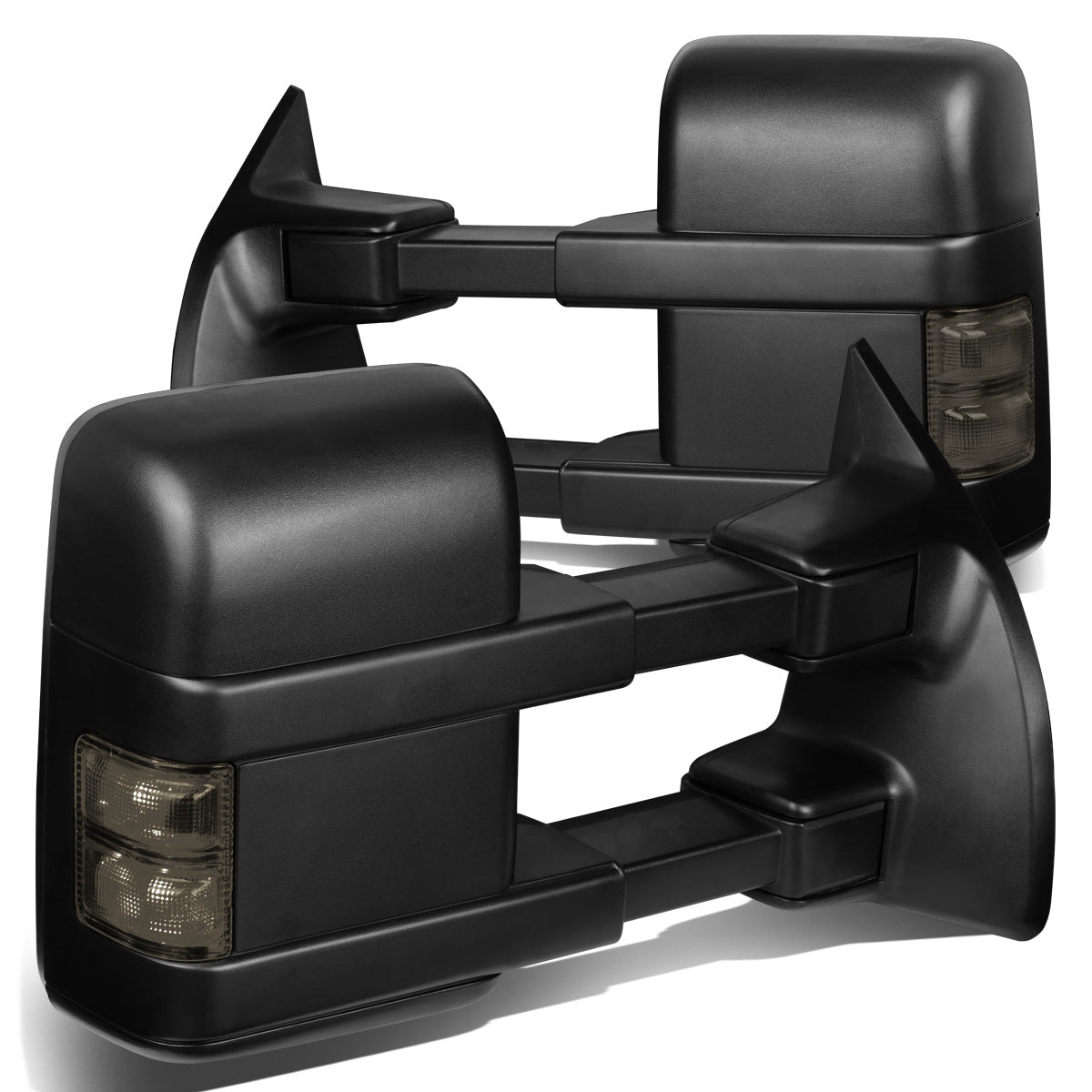 RETROVISORES EXTENDIBLES TOWING MIRROR - 99-07 FORD F-250, F-350, F-450, F-550 - SUPER DUTY - PAIR - POWERED W/ HEATED - LED SMOKE SIGNAL - BLACK