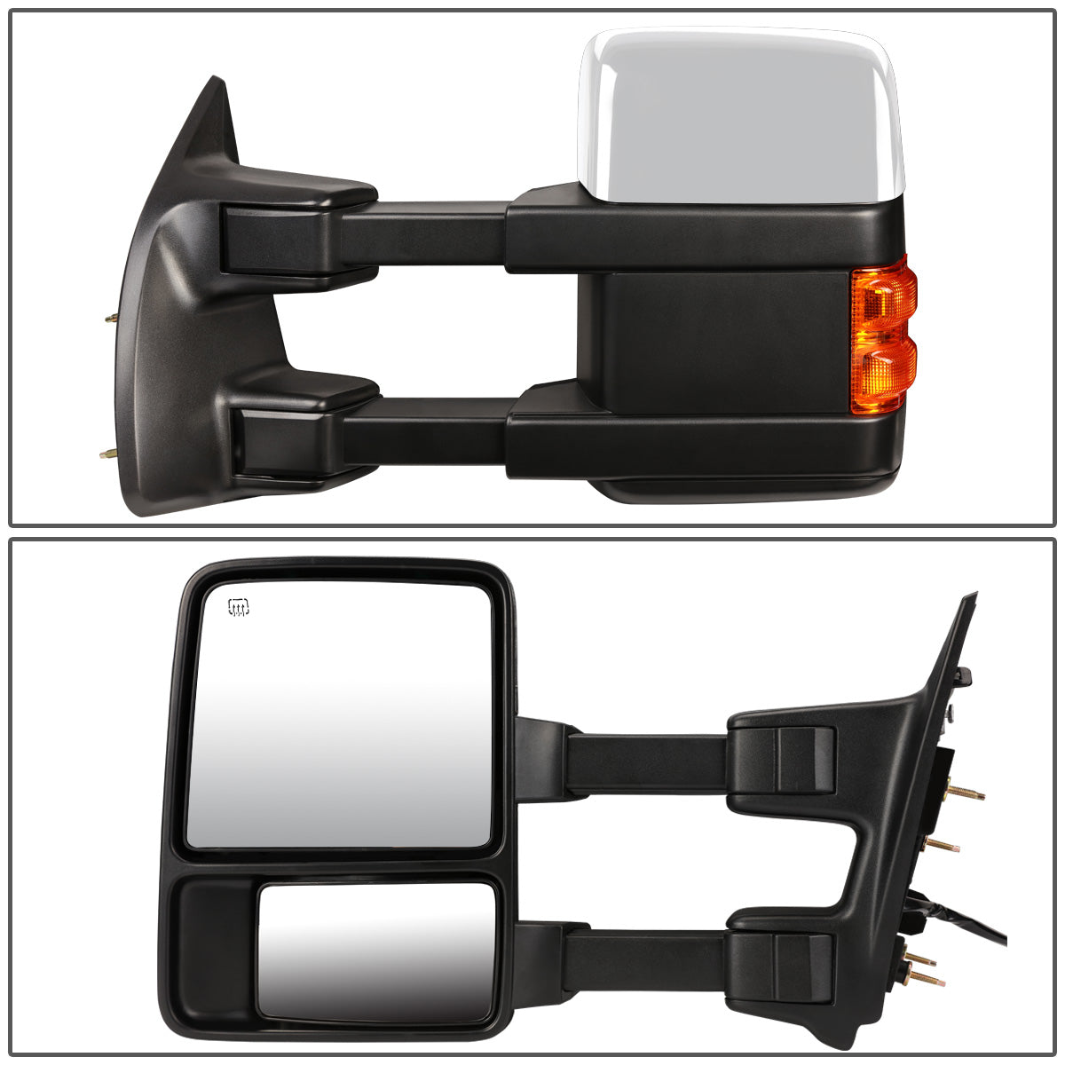 RETROVISORES EXTENDIBLES TOWING MIRROR - 99-07 FORD F-250, F-350, F-450, F-550 - SUPER DUTY - PAIR - POWERED W/ HEATED - LED AMBER SIGNAL - CHROME