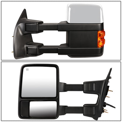RETROVISORES EXTENDIBLES TOWING MIRROR - 99-07 FORD F-250, F-350, F-450, F-550 - SUPER DUTY - PAIR - POWERED W/ HEATED - LED AMBER SIGNAL - CHROME