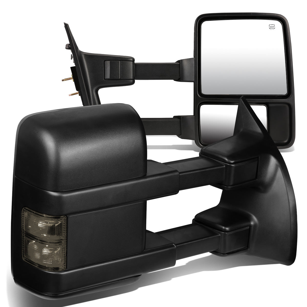 RETROVISORES EXTENDIBLES TOWING MIRROR - 08-16 FORD F-250, F-350, F-450, F-550 - SUPER DUTY - PAIR - POWERED W/ HEATED - LED SMOKE SIGNAL - BLACK