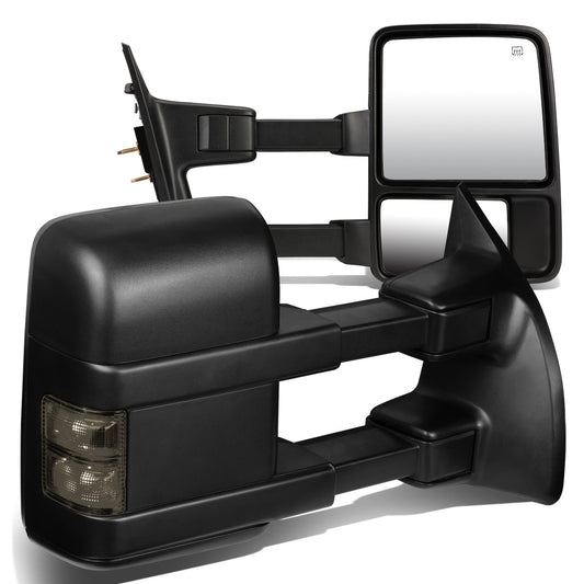 RETROVISORES EXTENDIBLES TOWING MIRROR - 08-16 FORD F-250, F-350, F-450, F-550 - SUPER DUTY - PAIR - POWERED W/ HEATED - LED SMOKE SIGNAL - BLACK