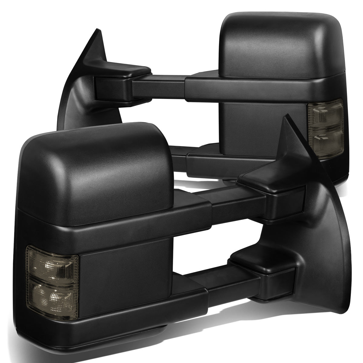 RETROVISORES EXTENDIBLES TOWING MIRROR - 08-16 FORD F-250, F-350, F-450, F-550 - SUPER DUTY - PAIR - POWERED W/ HEATED - LED SMOKE SIGNAL - BLACK