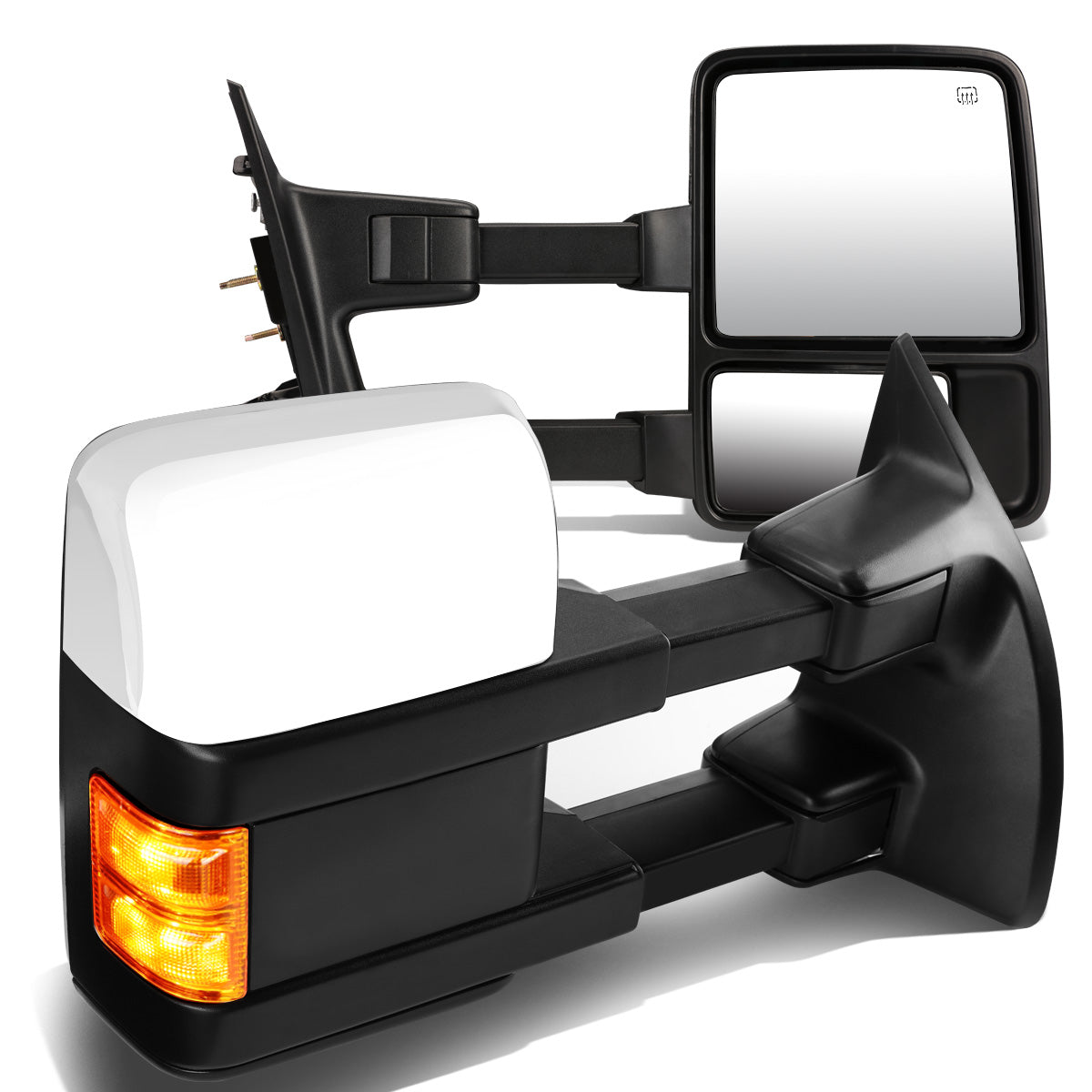 RETROVISORES EXTENDIBLES TOWING MIRROR - 08-16 FORD F-250, F-350, F-450, F-550 - SUPER DUTY - PAIR - POWERED W/ HEATED - AMBER SIGNAL - CHROME