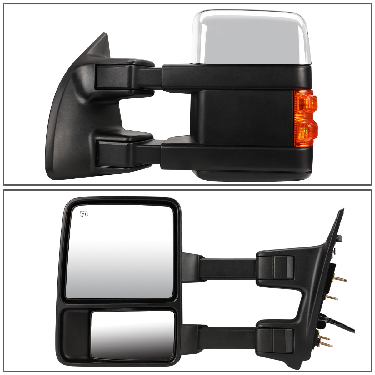 RETROVISORES EXTENDIBLES TOWING MIRROR - 08-16 FORD F-250, F-350, F-450, F-550 - SUPER DUTY - PAIR - POWERED W/ HEATED - AMBER SIGNAL - CHROME