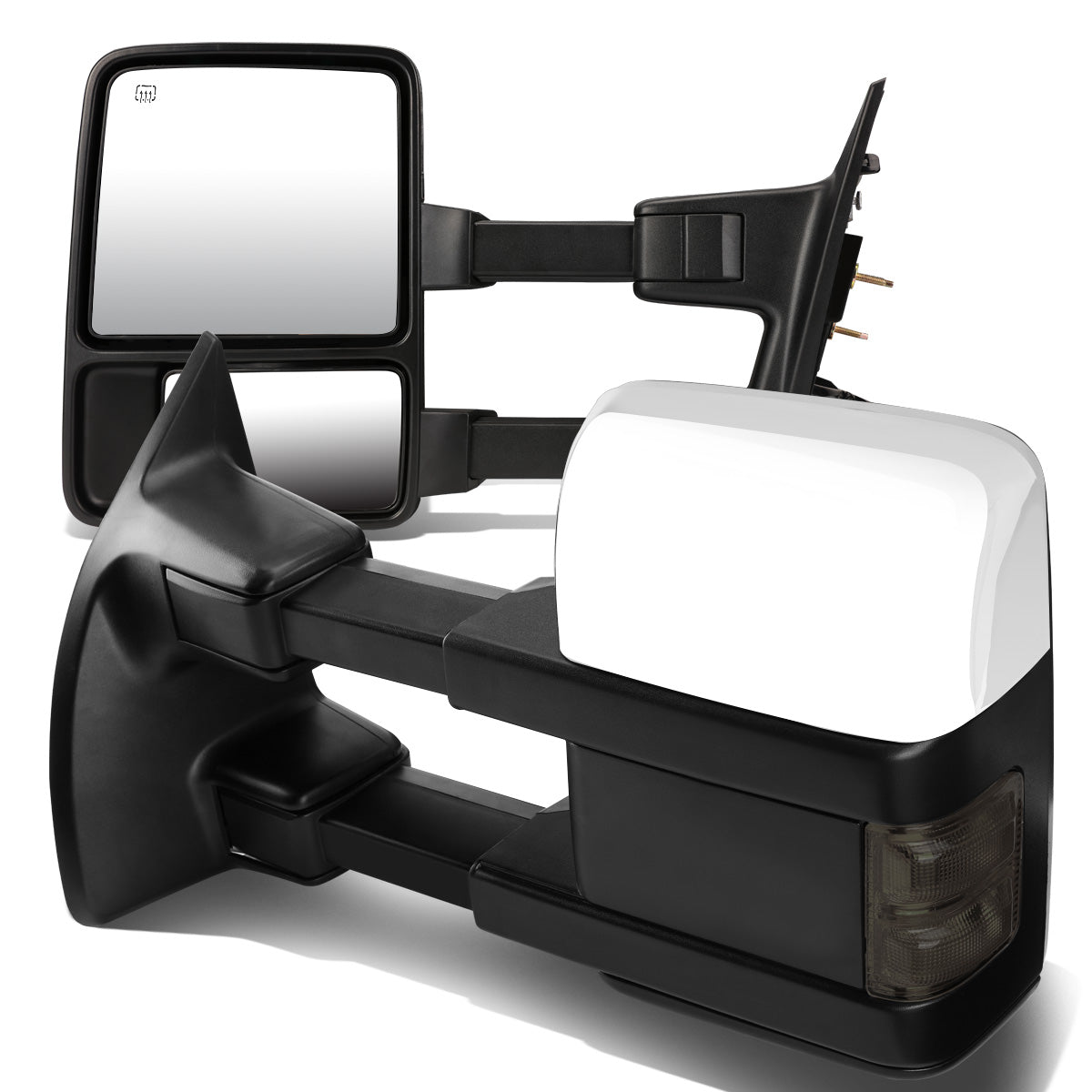 RETROVISORES EXTENDIBLES TOWING MIRROR - 08-16 FORD F-250, F-350, F-450, F-550 - SUPER DUTY - PAIR - POWERED W/ HEATED - SMOKE SIGNAL - CHROME