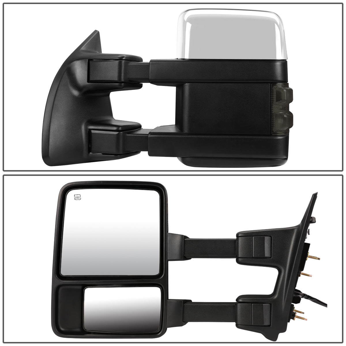RETROVISORES EXTENDIBLES TOWING MIRROR - 08-16 FORD F-250, F-350, F-450, F-550 - SUPER DUTY - PAIR - POWERED W/ HEATED - SMOKE SIGNAL - CHROME