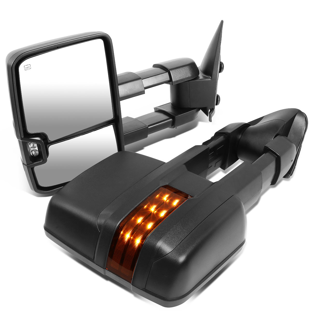 RETROVISORES EXTENDIBLES TOWING MIRROR - 99-06 CHEVY SILVERADO, GMC SIERRA / 00-06 CHEVY SUBURBAN, CHEVY TAHOE, GMC YUKON / 02-06 CHEVY AVALANCHE, CADILLAC ESCALADE - PAIR - POWERED W/ HEATED - BLACK - LED AMBER SIGNAL