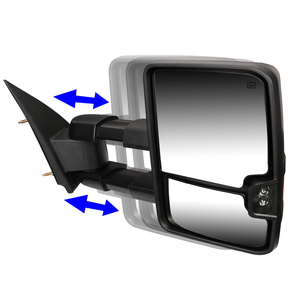 RETROVISORES EXTENDIBLES TOWING MIRROR - 99-06 CHEVY SILVERADO, GMC SIERRA / 00-06 CHEVY SUBURBAN, CHEVY TAHOE, GMC YUKON / 02-06 CHEVY AVALANCHE, CADILLAC ESCALADE - RIGHT - POWERED W/ HEATED - LED SMOKE SIGNAL - BLACK