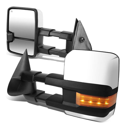 RETROVISORES EXTENDIBLES TOWING MIRROR - 99-06 CHEVY SILVERADO, GMC SIERRA / 00-06 CHEVY SUBURBAN, CHEVY TAHOE, GMC YUKON / 02-06 CHEVY AVALANCHE, CADILLAC ESCALADE - PAIR - POWERED W/ HEATED - LED AMBER SIGNAL - CHROME